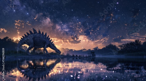 Starry Night over a Giant Stegosaurus by a Tranquil Lakeside