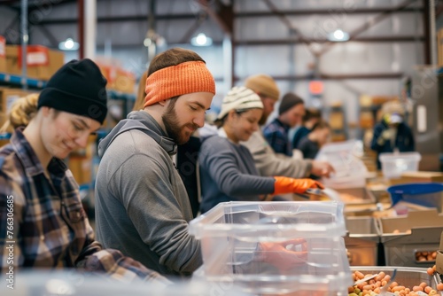 Group of people volunteering at a local food bank. They sort and distribute food items to refugees, homeless individuals, and underprivileged, demonstrating solidarity and care for those in need. 