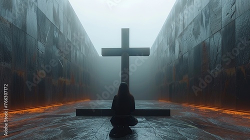 woman in a quiet room praying in front of a large cross