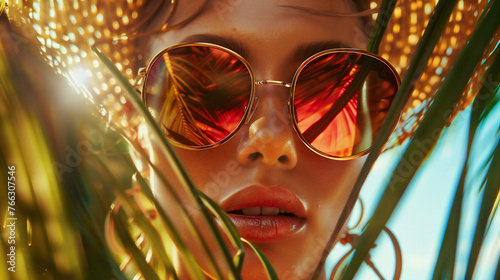 Preciosa modelo con gafas de sol de alta gama, alta costura, toma de gran angular, entorno tropical