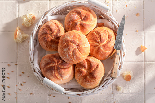 Healthy and hot kaiser buns baked in a bakehouse.