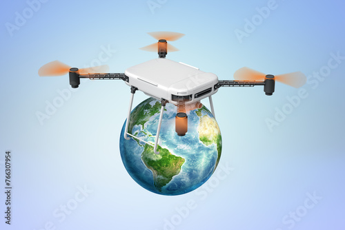 Drone flying above a small globe