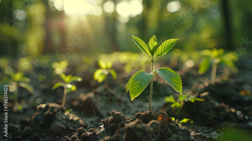A young plant sprouting from the fertile soil with sun rays filtering through the verdant backdrop, depicting growth and new beginnings in a natural environment.