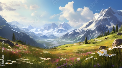 A secluded mountain meadow surrounded by a sea of wildflowers, with the Alps looming in the background, creating a tranquil and idyllic spring setting