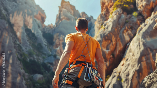 An outdoor sport enthusiast is depicted from behind, equipped with climbing gear, standing before a towering rock in the mountains