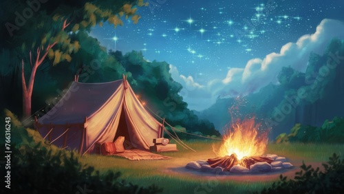  camping with a picturesque scene featuring a tent pitched amidst serene nature, a crackling campfire, and twinkling stars overhead, evoking feelings of adventure and tranquility