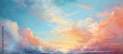 Scenic painting of a colorful sunset over the ocean, showing a small boat peacefully floating in the water