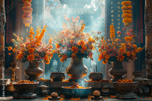 Abundant orange flowers fill a sizable vase Wesak or Vesak Day