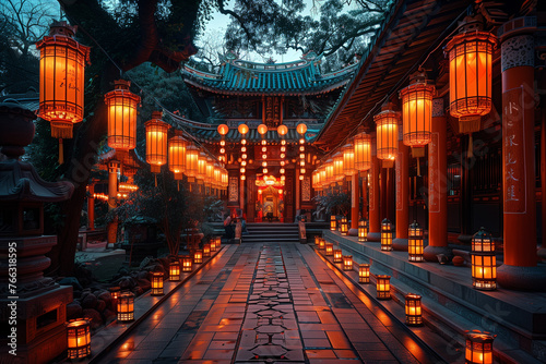 Lanterns glowing brightly in a courtyard at night during Wesak or Vesak Day celebrations