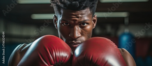 In a gym, a close up of a boxer with a determined facial expression wearing red boxing gloves. The athlete is ready for a competition event, showcasing sports gear and equipment