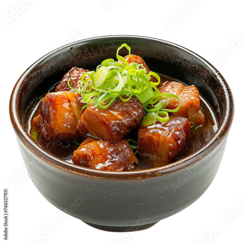 front view of Buta Kakuni (Japanese braised pork belly) in a traditional Japanese bowl with a flavorful broth, garnished with green onions, isolated on a white transparent background