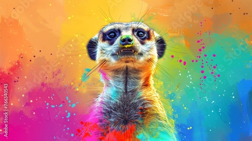  A colorful meerkat painting on a multicolored background, with splashes of paint added for texture