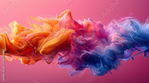  A colorful ink cloud floating above a pink background, with a droplet of liquid dripping off the left edge
