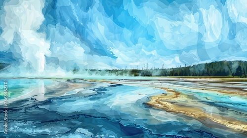 Illustration of vibrant geothermal pools at Yellowstone under an expressive blue sky, capturing the park's ethereal beauty, Artistic View of Geothermal Pools and Sky, Painted by Hokusai Katsushika Sty
