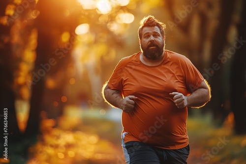 Middle aged overweight bearded man losing weight while running in orange t shirt on a blurred city park background