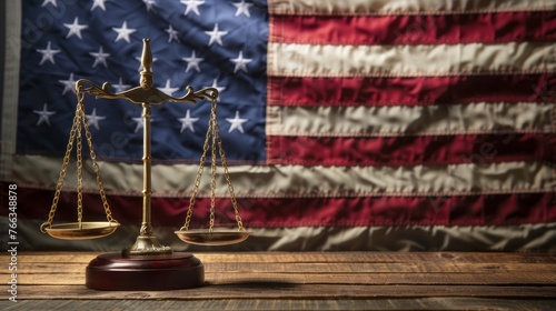 Scales of justice and American flag on table.