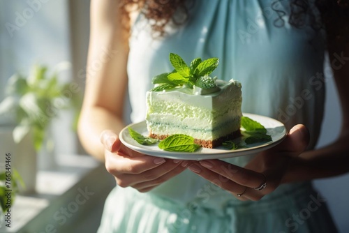 Amidst the soft glow of natural light from a window, a woman holds a delectable piece of cake adorned with mint. A serene scene capturing indulgence and elegance, ideal for culinary blogs or lifestyle