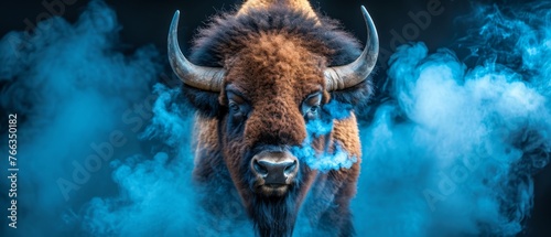  Close-up of bison with blue smoke emanating from its back and mouth