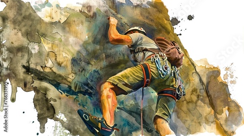 male athlete doing rock climbing on a rock. watercolor painting.