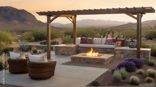ai generated illustration vignette of a cozy outdoor space with elements such as a fire pit, pergola, and garden bed against the backdrop of a desert mountain view and romantic sky colors