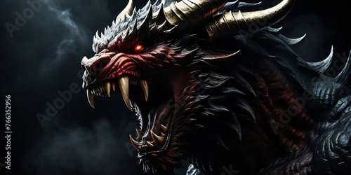 Angry devil profile with copy space for text - black background - yelling, shouting, screaming - god of evil - hell concept art - Leviathan, Astaroth, Mammon, Baal