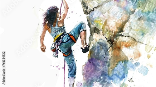 a woman is rock climbing on a rock. watercolor painting.