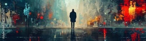 Man strolls through urban landscape, his silhouette blending with the vibrant brushstrokes of an abstract cityscape painting.