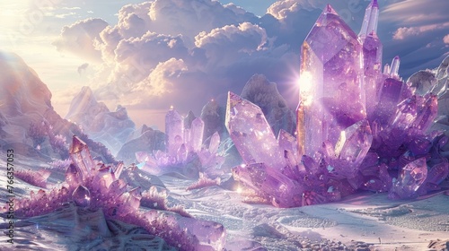 A mystical realm where the icy dunes of sandy glaciers sparkle under the light of purple crystal formations, creating an otherworldly spectacle.