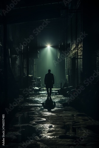 A man is walking down a poorly illuminated alleyway at night. The scene is eerie, with shadows cast by the dim lighting creating an ominous atmosphere