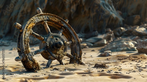 An old, barnacle-encrusted ship's wheel stands solitary on a sandy shore, a remnant of maritime history slowly being claimed by the land.