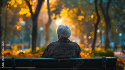 Elderly person sitting alone on a park bench during autumn, contemplating nature, with warm golden leaves and soft sunset light in the background