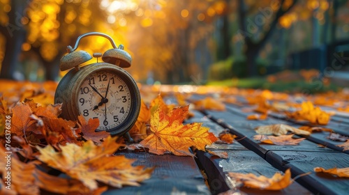 Fall Back into Time: Daylight Savings Concept with Clock and Leaves on Wooden Table