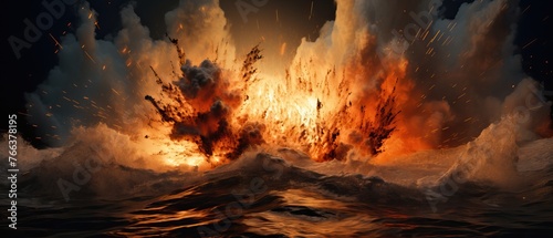 Underwater explosion creating a spectacular burst of water and debris in the ocean