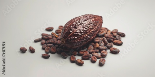 A chocolate bean is on top of a pile of coffee beans
