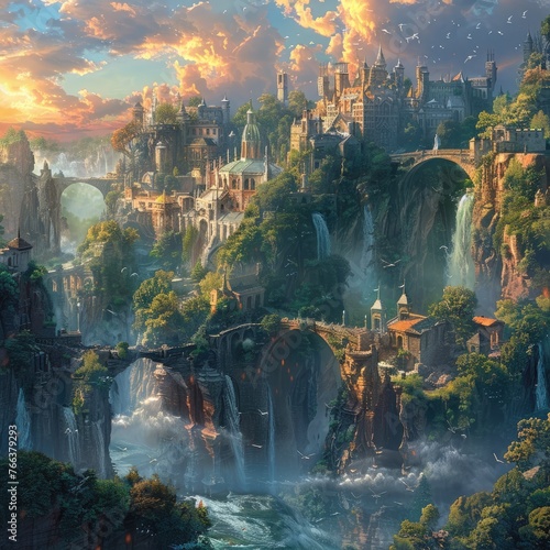 Enchanting Realm of Fantasy:A Majestic 3D Illustrated Landscape Inviting