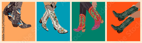 Set of different female legs wearing fashionable cowgirl boots. Traditional western cowboy boots decorated with embroidered wild west ornament. Realistic vector illustration isolated.