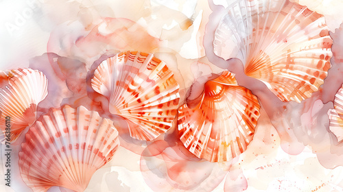 Colorful underwater world in watercolor with shells. Vibrant seashell background for print designs. Background featuring red shells.