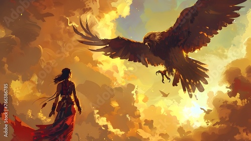 Powerful Warrior Soars Through Dramatic Skies on Majestic Eagle Wings