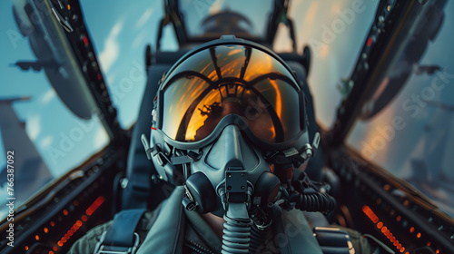 fighter jet pilot portrait in helmet in the cockpit