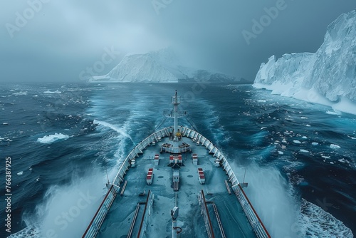 Navigating the Arctic Ocean Amidst Towering Icebergs.