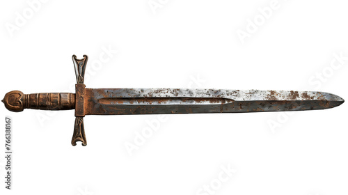 Ancient medieval sword of rusty metal, sharp, belonging to a hero, king, or noble, isolated on a blank transparent background in PNG format.