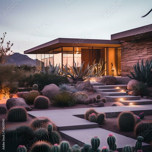 Modern desert home at twilight with cacti garden and illuminated interior