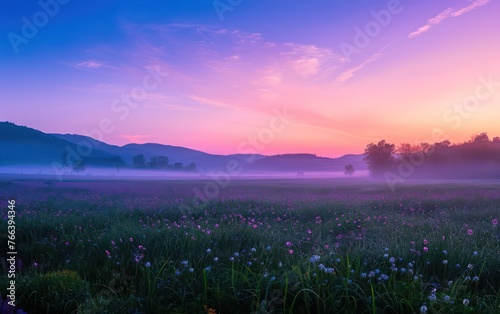 blue hour landscape photography captured grassland during the tranquil morning of a spring day