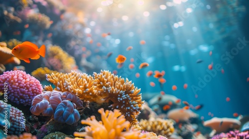 Vibrant underwater coral reef scene with colorful corals and a school of orange fish, bathed in rays of light, ideal for marine life or environmental conservation concepts