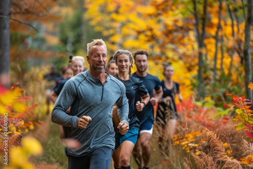 Professional Photography of a Personal Trainer Leading a Group of Runners on a Scenic Trail Run Through a Forest, Generative AI