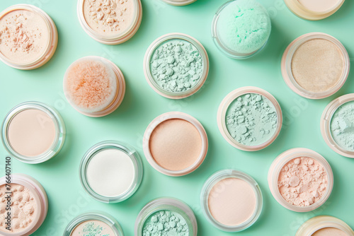 array of loose and compact face powders on a pastel background