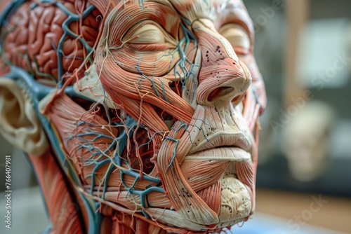 A detailed anatomical model showcases the complex structures within the human face