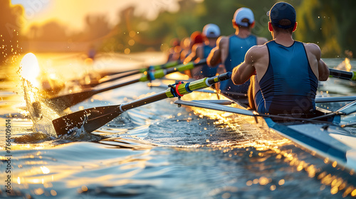 Team of rowers in action during golden hour on the water. Teamwork and competitive rowing concept with space for text for sports design