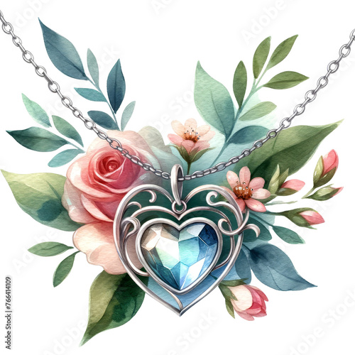 A piece of jewelry, such as a necklace or bracelet with a heart charm, painted in watercolor style, conveying elegance and love for Mother's Day. PNG, 300dpi