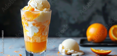 A vibrant orange creamsicle float in a tall glass, with creamy vanilla ice cream melting into tangy orange soda